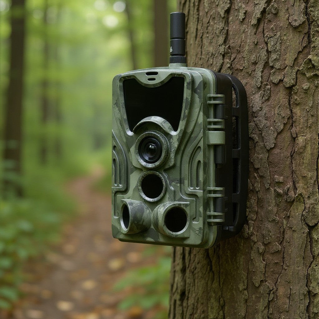 Oeil de lynx 4G trail camera with 4K video, 30MP photos, rechargeable battery, and mobile live streaming.